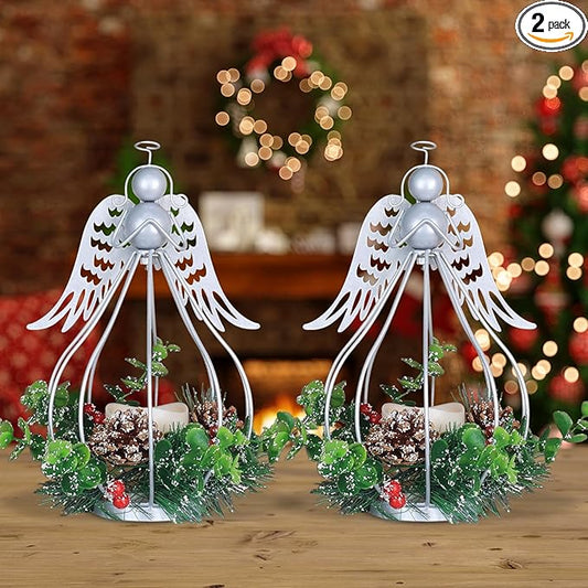 DECORKEY Christmas Decorations Outdoor&Indoor, 2PCS Andrew Candle Holders with Pine Cone, red Berry Wreath, Decorative Lanterns for Porch Centerpiece Table Decor Gift