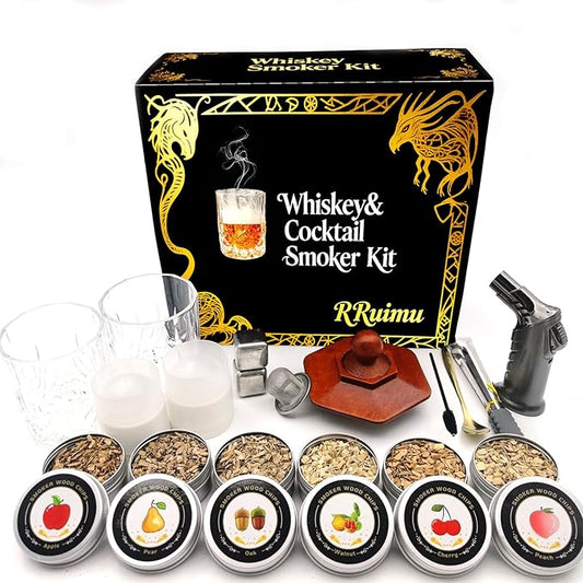 Whiskey Smoker Kit with Torch & 6 Wood Chips - Bourbon Old Fashioned Cocktail Smoker Set, 2 Whisky Glass Sets - Ultimate Birthday Gifts for Men, Dad, Husband (No Butane)