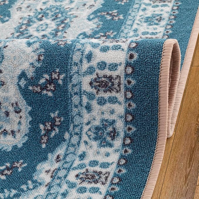 Antep Rugs Alfombras Oriental Traditional 2x7 Non-Skid (Non-Slip) Low Profile Pile Rubber Backing Indoor Runner Rugs (Turquoise Blue, 2' x 7')