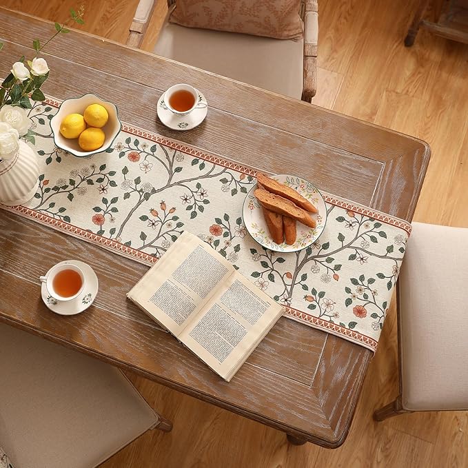 ISAENNE Designer Elegant Linen Floral Table Runner 102 Inches Long,Farmhouse Light Beige Durable Decor Table Runners for Dining Tables,Thanksgiving,Kitchen Tables,Christmas,12"*102"-Flora A