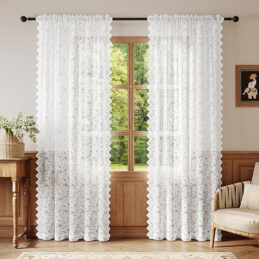 Pure White Lace Sheer Curtains 84 inches Long – Vintage Floral Lace for Living Room/Bedroom, Light Filtering Rod Pocket Drapes, Privacy Chic Window Treatments, 52W x 84L Inch, 2-Panel Set