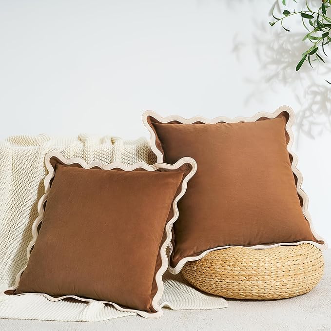 MONDAY MOOSE Decorative Throw Pillow Covers Cushion Cases, Set of 2 Soft Velvet Scalloped Wavy Edge Designs, Mix and Match for Home Decor, Pillow Inserts Not Included (Beige/Brown, 16x16 inch)