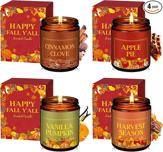 4 Pack Happy Fall Y'all Gifts Scented Candles Bulk 7 oz Soy Wax Autumn Fragrance Home Jar Candles Set with Gift Box 4 Harvest Scents for Fall Festival Thanksgiving Day Party Favors