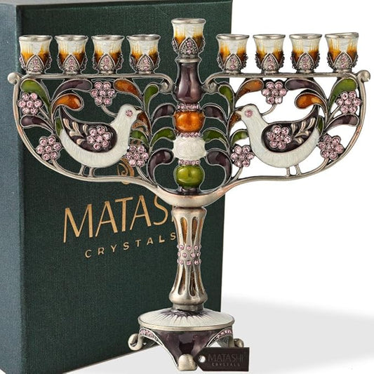 Matashi Hand Painted Enamel Menorah Candelabra with a Doves and Flower Design and Embellished with Gold Accents Crystals, for Hanukkah