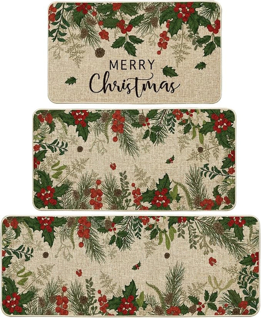 Artoid Mode Leaves Holly Merry Christmas Kitchen Mats Set of 2, Winter Home Decor Low-Profile Kitchen Rugs for Floor - 17"x29"+17"x36"+17"x47"