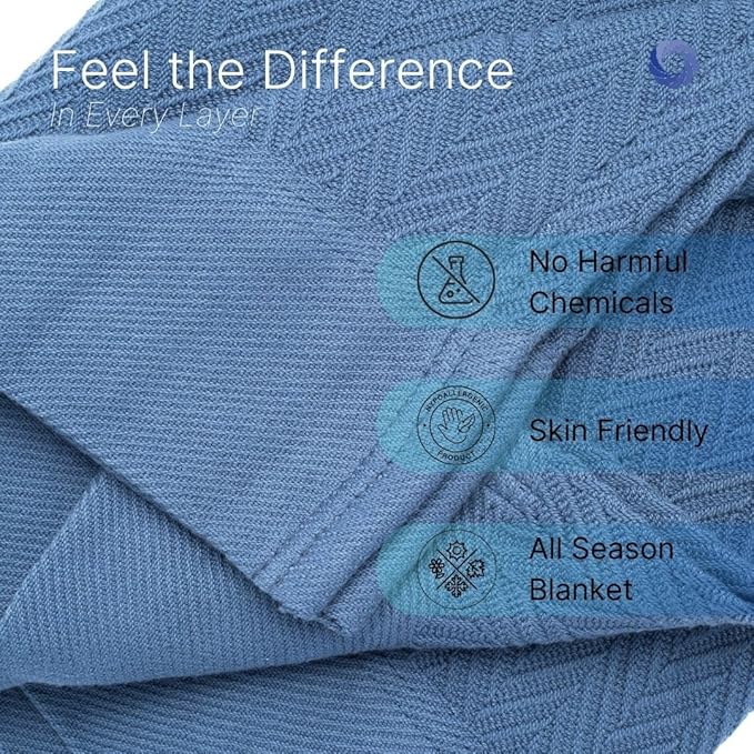 Multipurpose Blanket, Twin Size 100% Extra Long Staple Cotton, Herringbone Weave, Blue, Soft & Breathable, Ideal for All Seasons