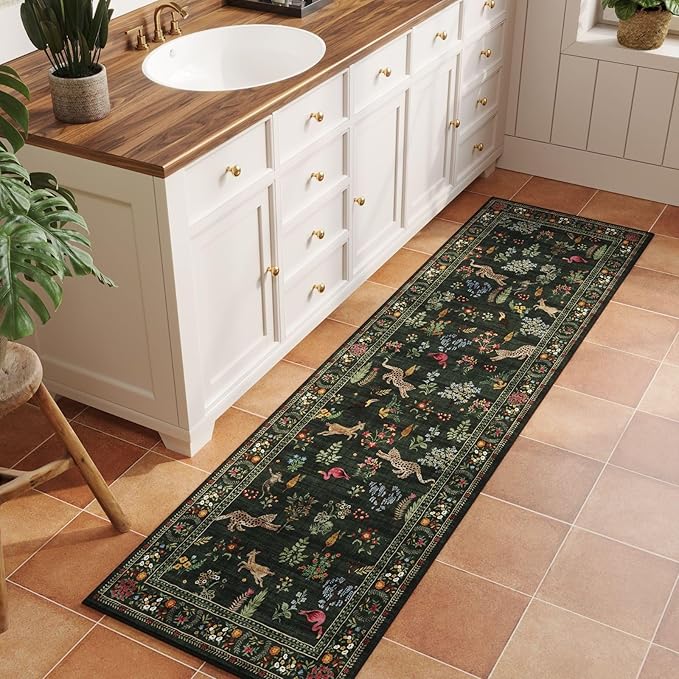 Rugcomf Runner Rug for Kitchen Rug Non Slip 2'6''x8' Washable Rugs with Rubber Backing Soft Floral Animal Carpet Runner for Kitchen, Laundry, Bedroom, Bathroom (Green)