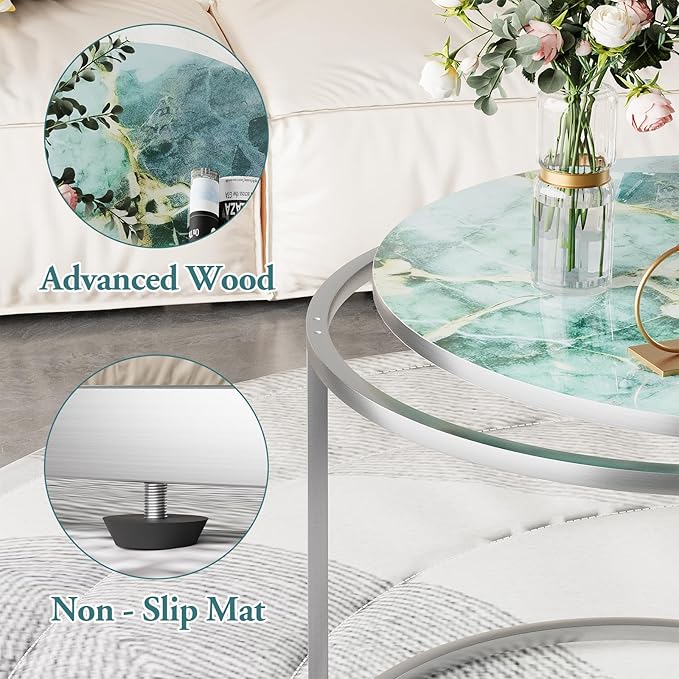 aboxoo Coffee Table Nesting Side Round Set of 2 End Table Green Art Table Top Sturdy Metal Frame Desk Centerpiece Living Room Bedroom Apartment Modern Industrial Simple Nightstand