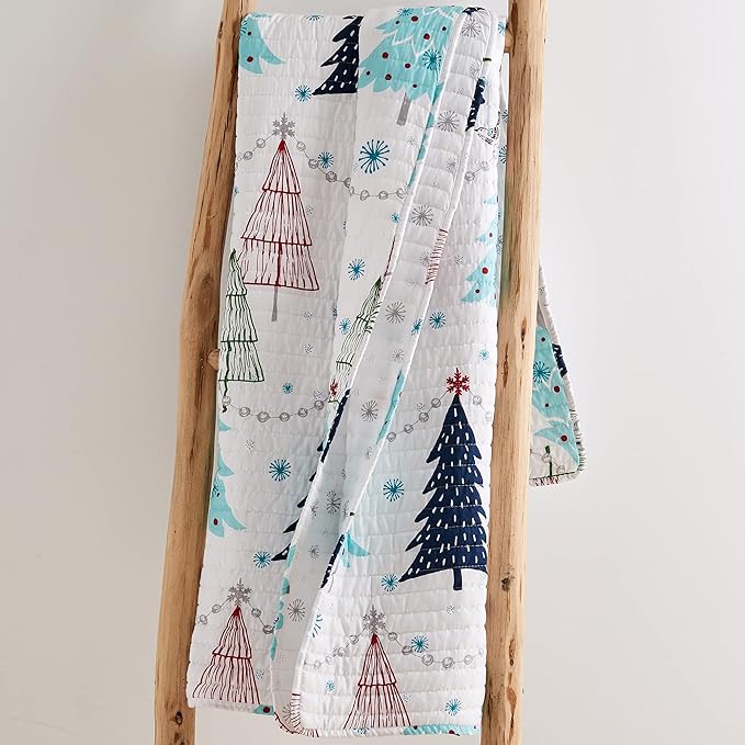 Levtex Home Merry & Bright Collecion - White Pine - Throw - Christmas Tree - Blue, Red, Green and White - Holiday Quilted Throw Size 50x60in. - Polyester