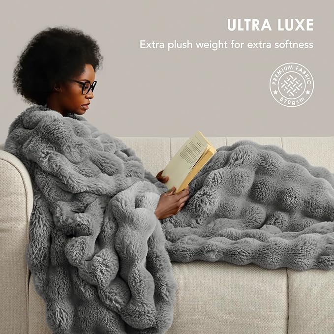 EverGrace Ultra Soft Luxury Fluffy Faux Rabbit Fur Throw Blanket, Thick Warm Bubble Throw for Bed, Cozy Plush Reversible Blankets for Couch, Chair, Sofa, Grey, 50x60 Inches