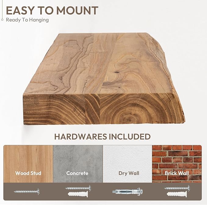 Marsmiles 48 inch Floating Shelves for Wall Elm Wood Live Edge Shelves Wall Mounted|Rustic Long Floating Shelves with Invisible Bracket for Bathroom Living Room Kitchen|Natural, 1 Pack