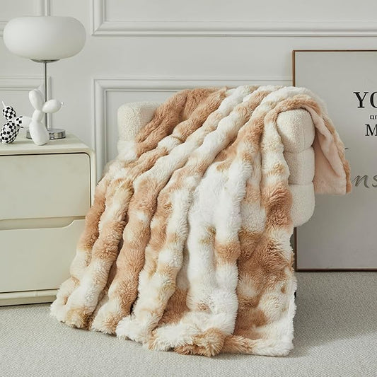 Faux Fur Throw Blanket for Couch Cozy Fuzzy Soft Plush Thick Fluffy Fleece Bubble Blanket for Sofa Bedroom Living Room, 63x79 Inches Caramel