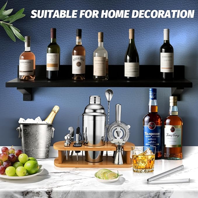 Cocktail Shaker Set Bartender Kit: 13-Pcs Bar Tools Set with Bamboo Stand, Essential Bar Accessories for Home: 25oz Martini Shaker, Jigger, Bar Spoon, Professional Cocktails Kit for Drink Mixing |Gift