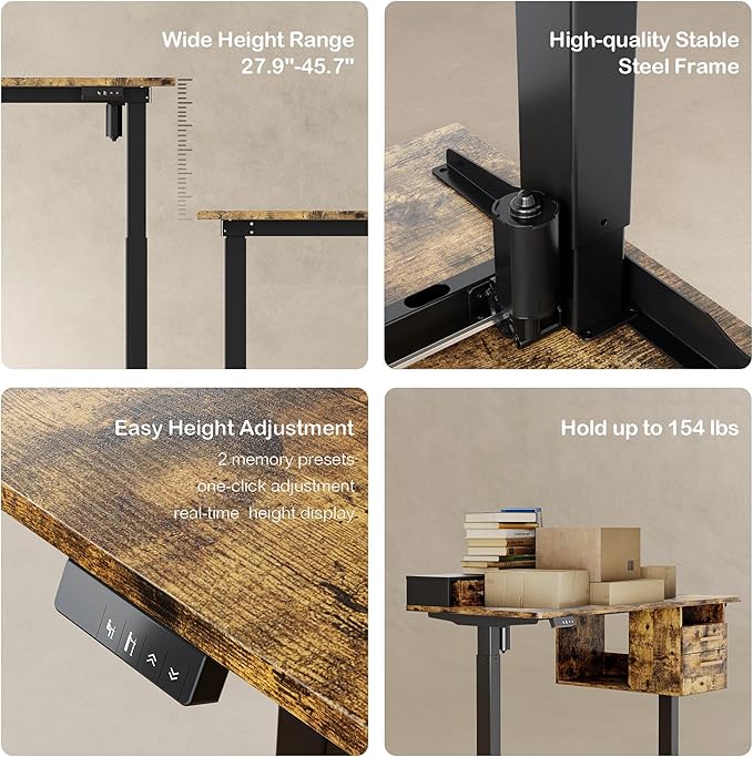 Standing Desk with 4 Drawers, 47.2 x 23.6 Inch Whole Piece Height Adjustable Electric Sit Stand Desk, Computer Home Office Workstation with Open Storage Shelf, Rustic Brown