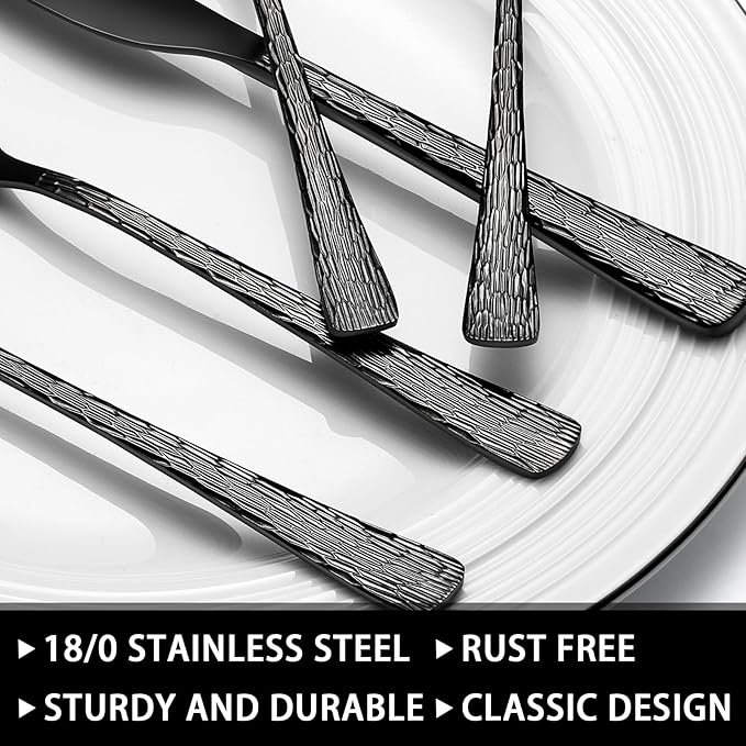 49-Piece Black Silverware Set with Organizer, Stainless Steel Tree Pattern Black Flatware for 8, Cutlery Utensil Sets with Steak Knives, Rust-proof, Mirror Polished, Dishwasher Safe