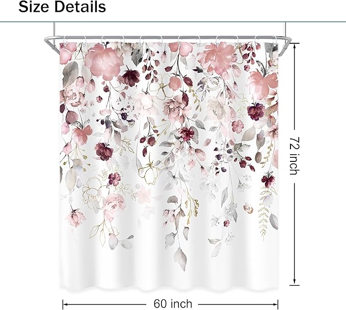 Floral Flower Shower Curtain 60Wx72L Inch Grey Pink Floral Blossom Eucalyptus Leaves Botanical Watercolor Wildflower Plant Girls Bathroom Set Rustic Bath Curtain Bathtub Accessories Home Decor