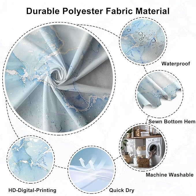 Renaiss Light Blue Marble Shower Curtain Waterproof Fabric Luxury Modern Art Shower Curtain for Bathroom Dormitory Print Decorative Shower Curtains Set with Hooks Waterproof Fabric 72" W x 84" L