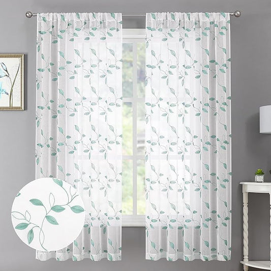 Tollpiz Teal Blue Leaf Sheer Curtain Leaves Embroidered Bedroom Curtains Rod Pocket Voile Window Treatments for Living Room, 38 x 63 inches Long, Set of 2 Panels