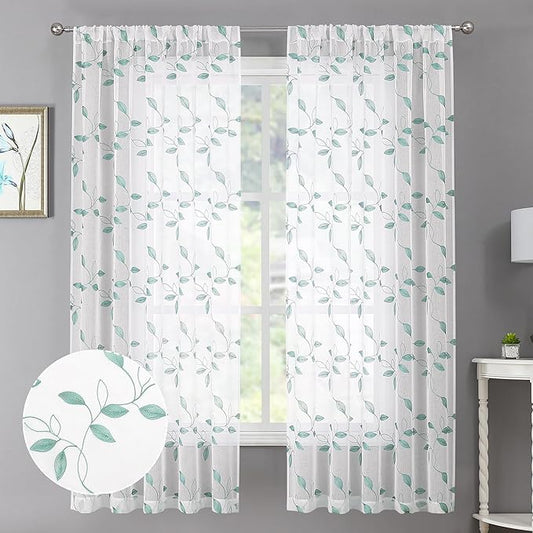 Tollpiz Teal Blue Leaf Sheer Curtains Leaves Embroidered Living Room Curtain Rod Pocket Voile Window Treatments for Bedroom, 54 x 63 inches Long, Set of 2 Panels