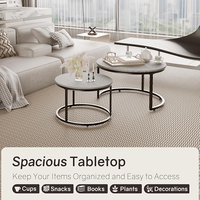 Nesting Tables Set of 2, 31.5" Round Coffee Table, Small Nesting Coffee Table with Adjustable Non-Slip Fee, Wood Grain Top Nesting Tables for Living Room, Bedroom (Wood Grain Grey)