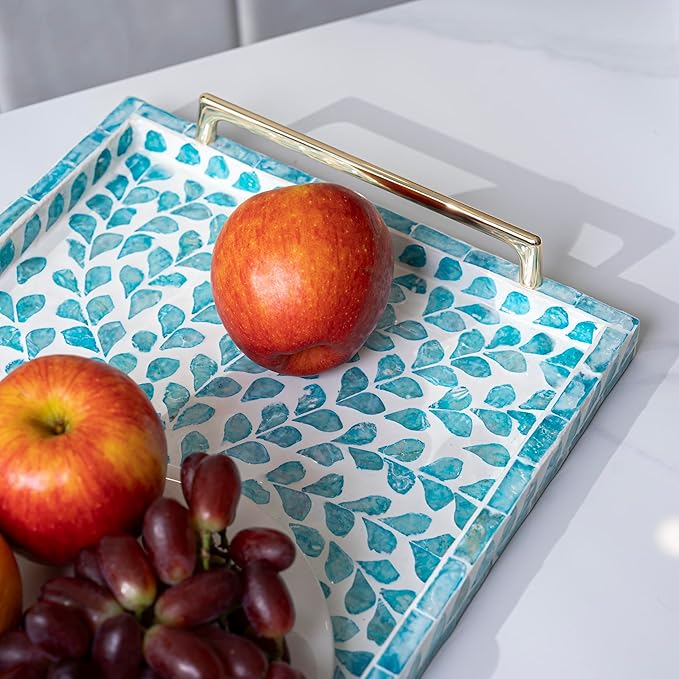 PEMAR Capiz Shell Decorative Tray with Gold Handles – 15.7"x11.8" Rectangular Display & Serving Tray for Vanity, Dresser, Bathroom (Teal Floral)