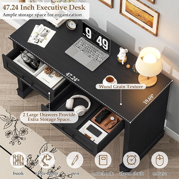 Farmhouse Executive Desk, 48 Inch Computer Desk with 2 Drawers, Simple Home Office Writing Desk Workstation for Bedroom Study Small Spaces, Black
