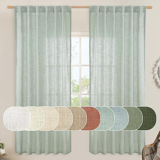 LAMIT Light Sage Linen Curtains 72 inch Length for Bedroom, Faux Linen Textured Light Filtering Drapes Back Tab and Rod Pocket Boho Panels for Farmhouse/Living Room, 2 Panels, 52 x 72 Inch