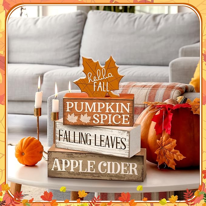 4 Pcs Fall Decor Wooden Maple Leaf Decoration Fall Tiered Tray Decor Rustic Wooden Maple Leaf Block Sign Gift Thanksgiving Table Centerpiece Farmhouse for Autumn Harvest Party Home Kitchen