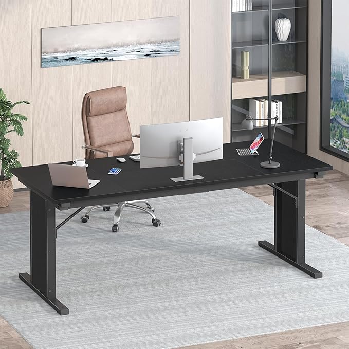 63 inch Executive Desk, Large Office Desk with Thicken Frame, Computer Desk Study Writing Table for Home Office, Black