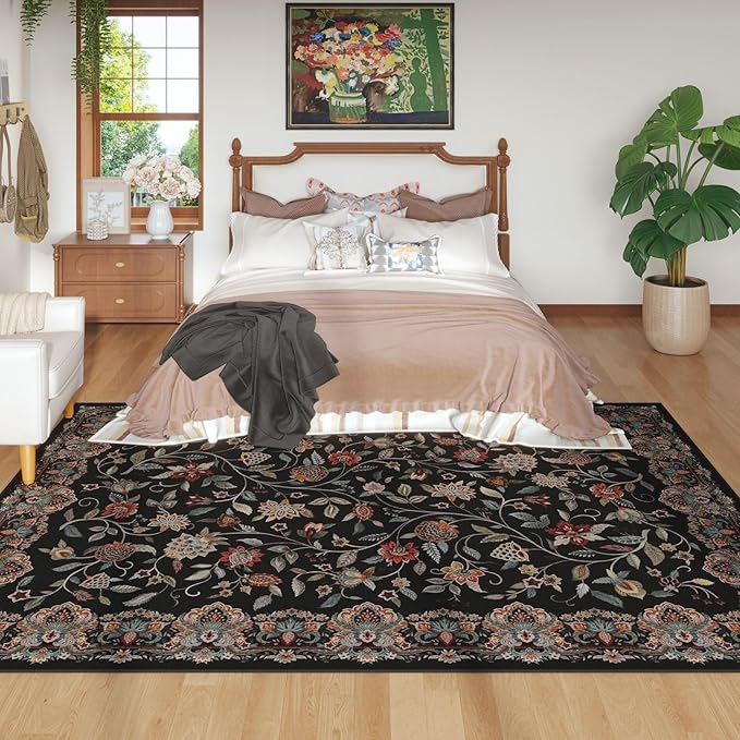Rugcomf Vintage Paisley Rugs for Living Room 8'x10' - Machine Washable Area Rug, Non-Slip Low Pile Large Floral Carpet for Bedroom, Dining Room, Farmhouse, Office, Kids Playroom - Black
