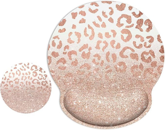 ITNRSIIET Ergonomic Mouse Pad with Wrist Support Wrist Rest Smooth Surface Non-Slip Rubber Base Comfortable Office Supplies Pain Relief, 9.8 x 9.1 inches, Rose Gold Leopard Print