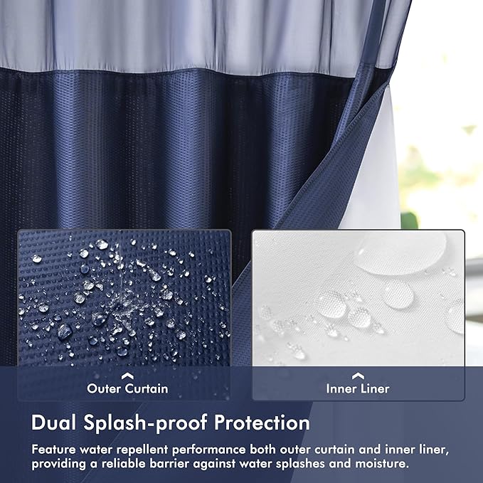 Mrs Awesome No Hook Shower Curtain with Snap-in Liner, Embossed Waffle Design Fabric Shower Curtain for Bathroom, Soft & Lightweight, 71x74, Navy Blue