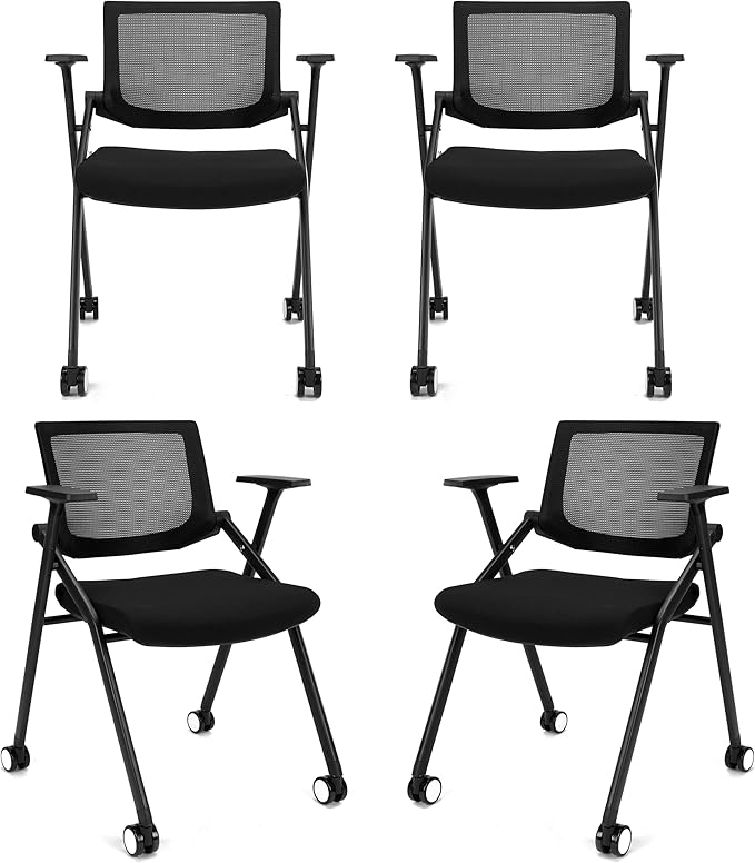 4 Pack Stackable Conference Room Chairs with Wheels and Paddle, Ergonomic Mesh Back and Arms for Meeting, Conference, Reception, Training Room & Home Office Desk Folding Chairs (2 Boxes)