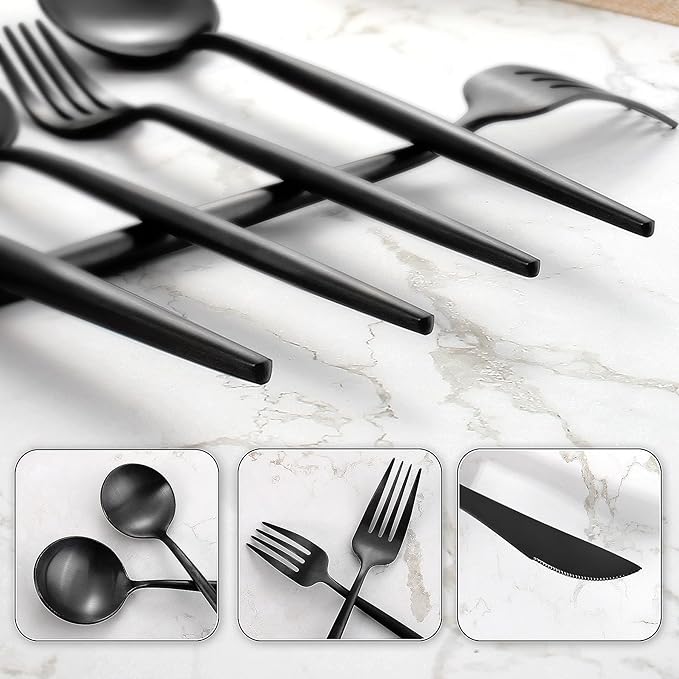 Matte Black Silverware Set for 4, IBIILII JEFF 20 Pieces Stainless Steel Flatware Set，Kitchen Utensil Set, Tableware Cutlery Set, Knife Spoons And Forks Set, Satin Finished Polished & Dishwasher Safe