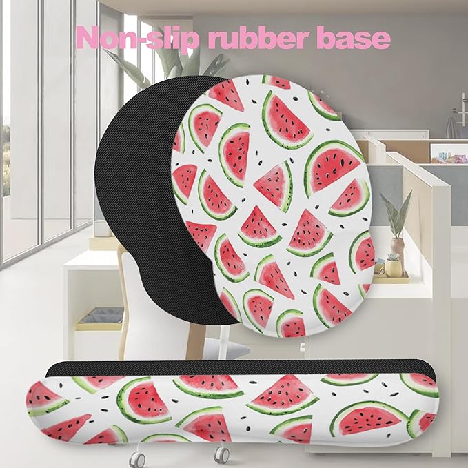 Summer Pink Watermelon Mouse Pad with Wrist Rest and Keyboard Wrist Rest Set, Non-Slip Rubber Base Memory Foam Mouse Pad Set for Women, Office Desk Accessories, Gaming
