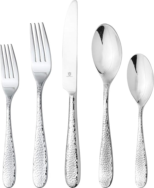 Hammered Silverware Set | Premium 18/10 Stainless Steel Flatware Service for 4 | Heavy-Duty & Dishwasher Safe | Built to Last (20-Piece, Fidenza Hammered)