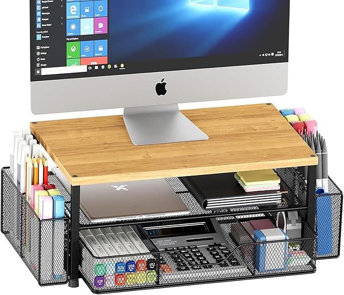 Desk Organizers and Accessories, 2-Tier Computer Monitor Stand with Drawer and 2 Pen Holders, Laptop Stand, Office Desk Accessories for Office Supplies, Oak