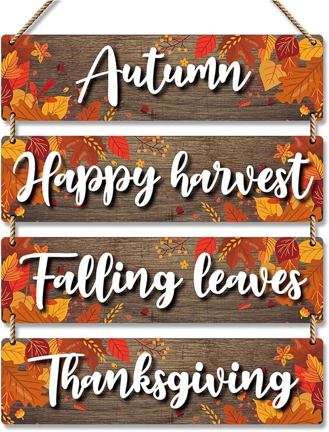4 Pieces Fall Rustic Wooden Board Wall Decor Hanging Signs Decor, Thanksgiving Autumn Maple Leaves Wooden Plaque Farmhouse Wall Signs for Indoor Outdoor Porch Door Living Room. (011)