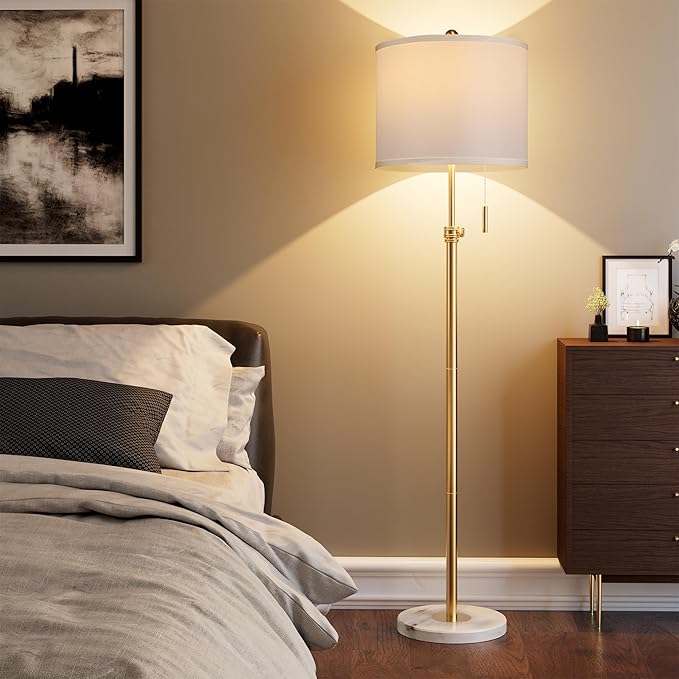 PARTPHONER Floor Lamp for Living Room, 66'' Adjustable Height Standing Lamp with Marble Base, 3-Color Tall Lamps with Pull Chain, Suitable for Bedroom, Reading, Office (Bulb Included, White Shade)