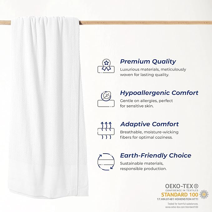 THREAD SPREAD 100% Pure Cotton, Luxury Twin/Twin XL Size White Blanket - Herringbone Pattern, Soft & Cozy Premium Fall Throw Blanket for All Seasons, 350 GSM & 68 x 92 with Free Tote Bag