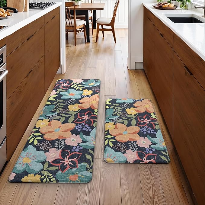GENIMO Kitchen Mats for Floor 2PCS, Cushioned Kitchen Rugs Non Slip Washable, Farmhouse Anti Fatigue Mat Waterproof, Comfort Standing Mat Rug for Office, Home, Laundry, 17.3"x47"+17.3"x30", LightBlack