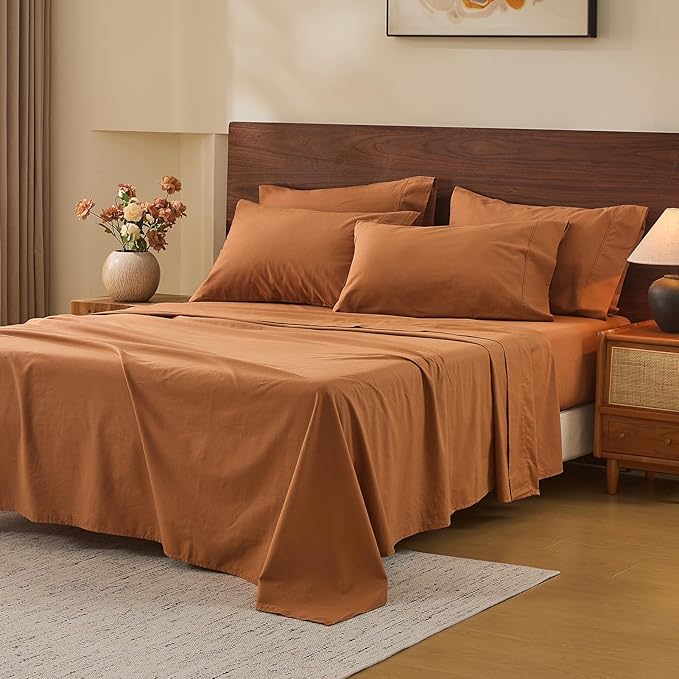 MEISHANG 100% French Pure Linen Sheets Queen Size - 6 PC Extra Deep Pocket Sheet Set, Soft Durable Flax Linen, Anti-Tear Breathable & Oeko-Tex Certified 18-24 Deep Pocket,All Season(Orange)