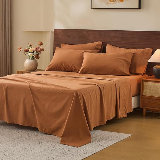 MEISHANG 100% French Pure Linen Sheets Queen Size - 6 PC Extra Deep Pocket Sheet Set, Soft Durable Flax Linen, Anti-Tear Breathable & Oeko-Tex Certified 18-24 Deep Pocket,All Season(Orange)
