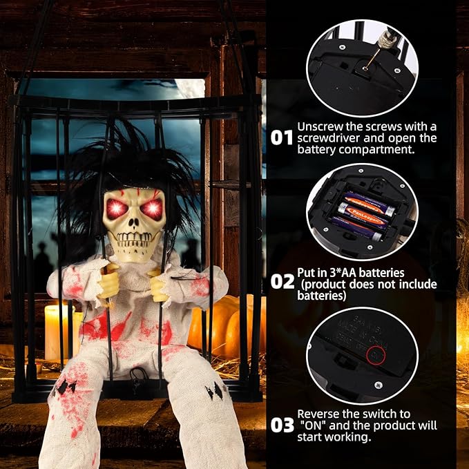 Animated Halloween Decorations, Skull Ghost Hanging Decoration Prop, Scary Skull Prisoner Halloween Decorations Props with Motion Sensor & Sound, Light Up Eyes, for Home Indoor Outdoor Decoration