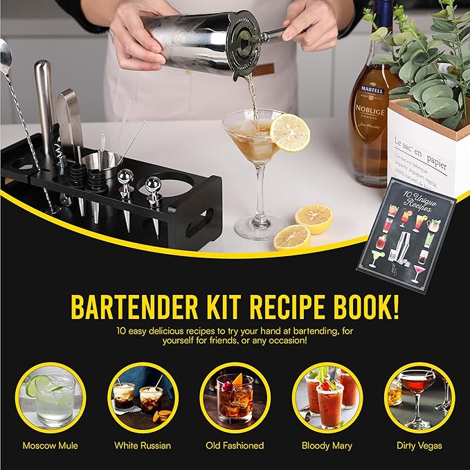 Premium 20 Piece Cocktail Shaker Set with Weighted Boston Shaker and Stand | Bartender Kit with Large Spill Catching Bar Mat - Recipe Book - Velvet Bag - Rustproof | Perfect for Mixology