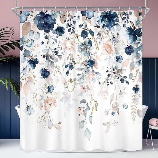 Blue Pink Floral Shower Curtain Extra Long 72Wx84L Inch Rustic Floral Boho Wildflower Watercolor Gold Eucalyptus Leaf Bathroom Set Plant Botanical Bath Curtain Bathtub Accessories Home Decor
