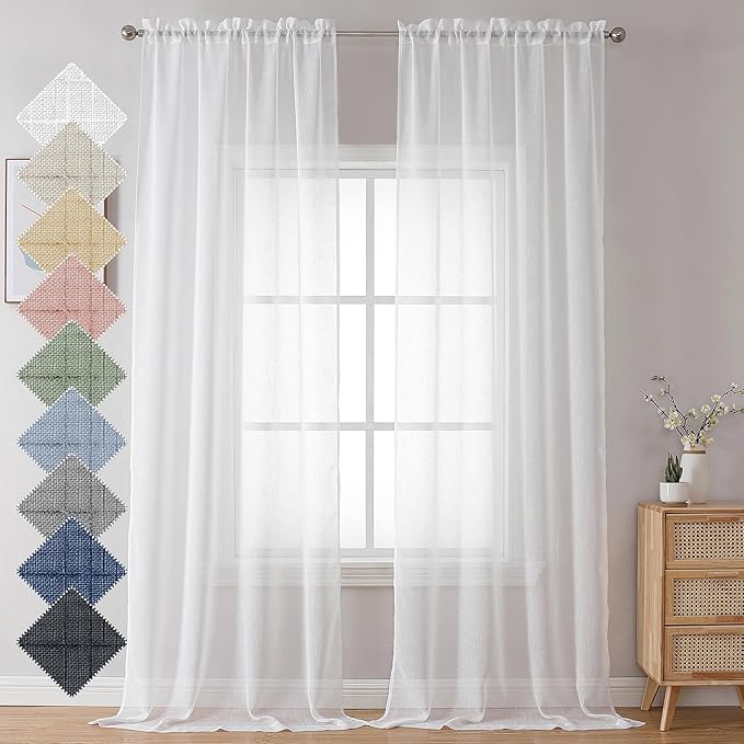 Aiyufeng Kirei Elegant Extra Long Linen Look Sheer Curtains 96 Inches Long 2 Pieces, Farmouse Semi Sheers Linen Curtains/Window Treatments Panels/Drapes (Set of 2, 40 by 96 Inch, Pure White)