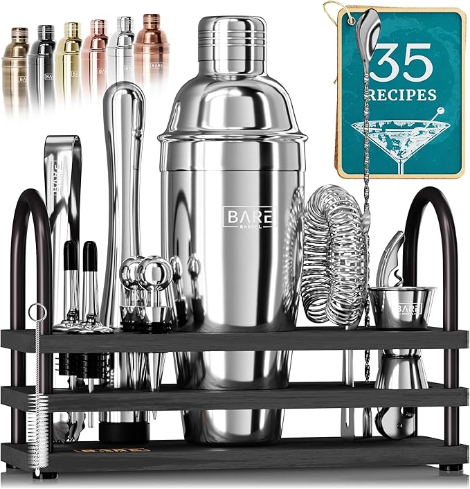 BARE BARREL® Mixology Bartender Kit Bar Set | 14-Piece Cocktail Shaker Set | Martini Barware Mixing Tools for Home Bartending | 35 Recipe Cards | Gift Set (24oz Cobbler Shaker, Silver/Black)