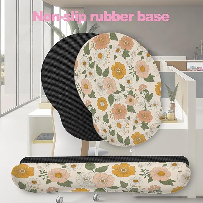 Retro Boho Groovy Flower Mouse Pad with Wrist Rest and Keyboard Wrist Rest Set, Non-Slip Rubber Base Memory Foam Mouse Pad Set for Women, Office Desk Accessories, Gaming