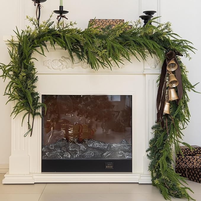 9ft Handmade Christmas Garland,Artificial Cypress Cedar Pine Needles Greenery Seasonal Garland for Christmas Fireplace Winter Holiday Indoor Outdoor Decoration